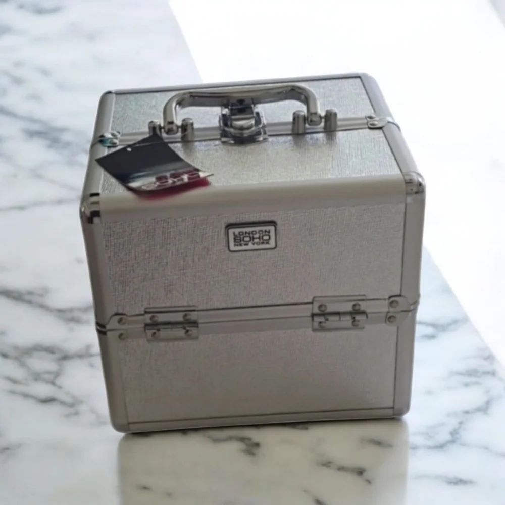 Silver Makeup Organizer with Sturdy Handle and Secure Latches